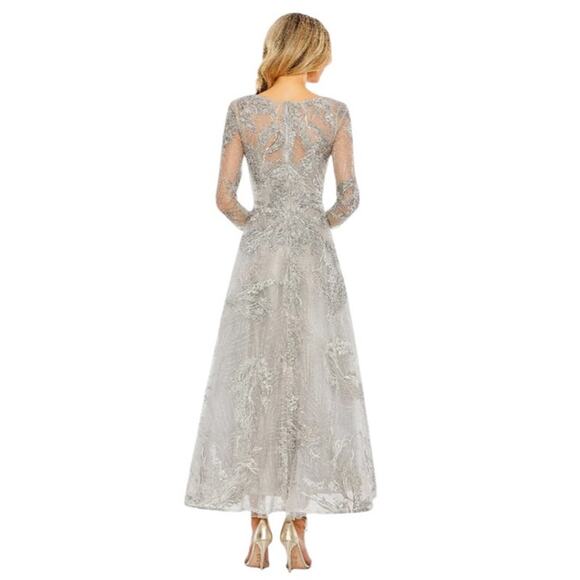 Mac Duggal 16 20336 NEW Platinum Silver Embellished Wrap Over 3/4 Sleeve Dress - Picture 3 of 13